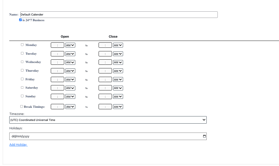 Business Hours Configuration Screenshot